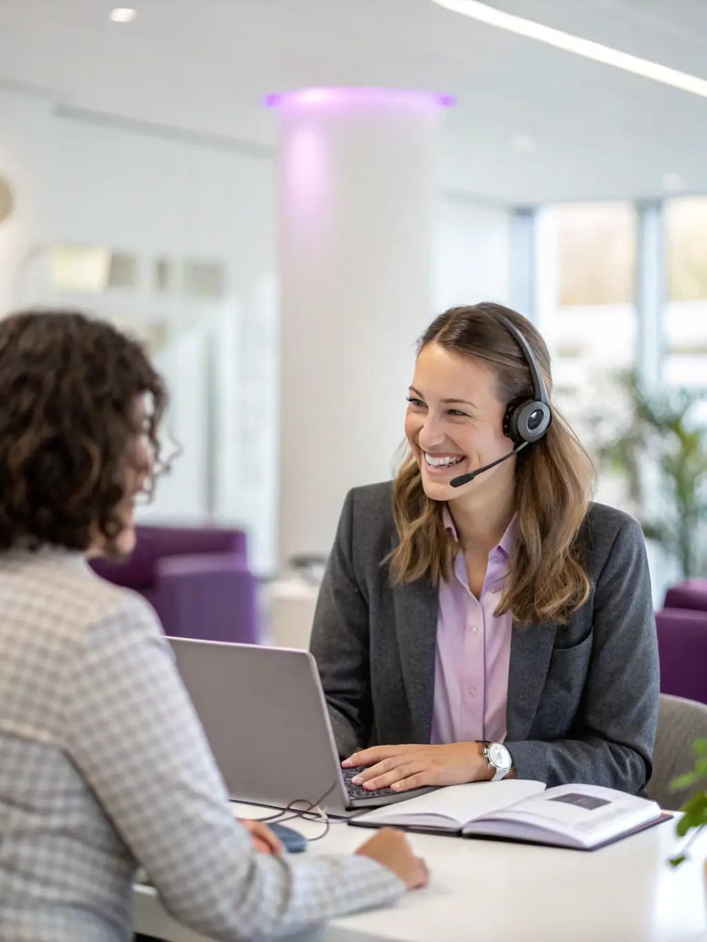 A customer service representative interacting positively with a customer via automated chat, showcasing enhanced customer experience.